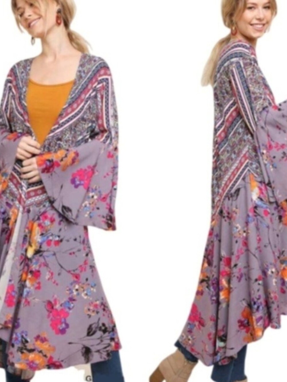 Umgee Purple Floral Paisley Boho Kimono Top L
